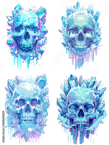 Frozen crystal skull illustrations with sharp icy shards and glowing blue tones. Cold fantasy artwork combining skull motifs with winter energy and sparkling crystalline textures.