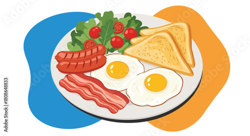 Delicious breakfast plate with eggs, bacon, sausages, toast, and salad for a vibrant start to your day, perfect for food blogs and restaurant promotions