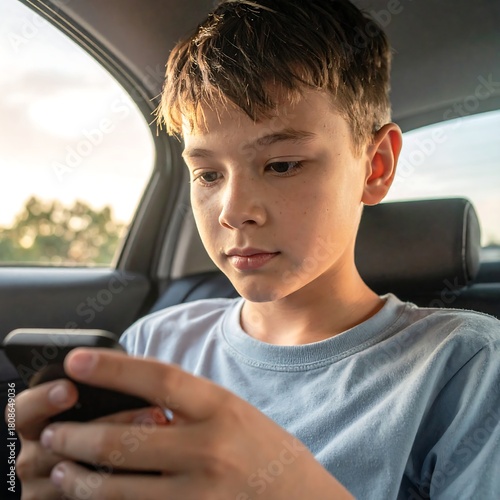 A young individual engrossed in a mobile device, sitting inside a car. Soft lighting and a focused expression on their face