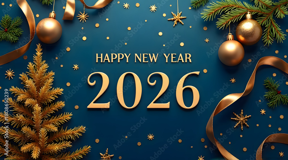 Fototapeta premium Gold Ornaments, Pine, and Ribbon Border for 2026 Events