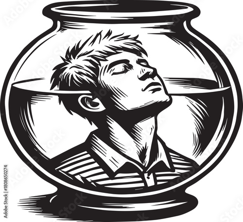 Lost in Thought: A pensive individual is submerged in a glass bowl, their face tilted upwards with closed eyes, conveying introspection and isolation, a metaphor for emotional confinement.