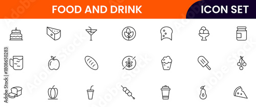 Food and drink web icons in line style. Meal, restaurant, dishes, fruits, fast food, burger, pizza, coffee, sandwich, collection. Vector illustration.