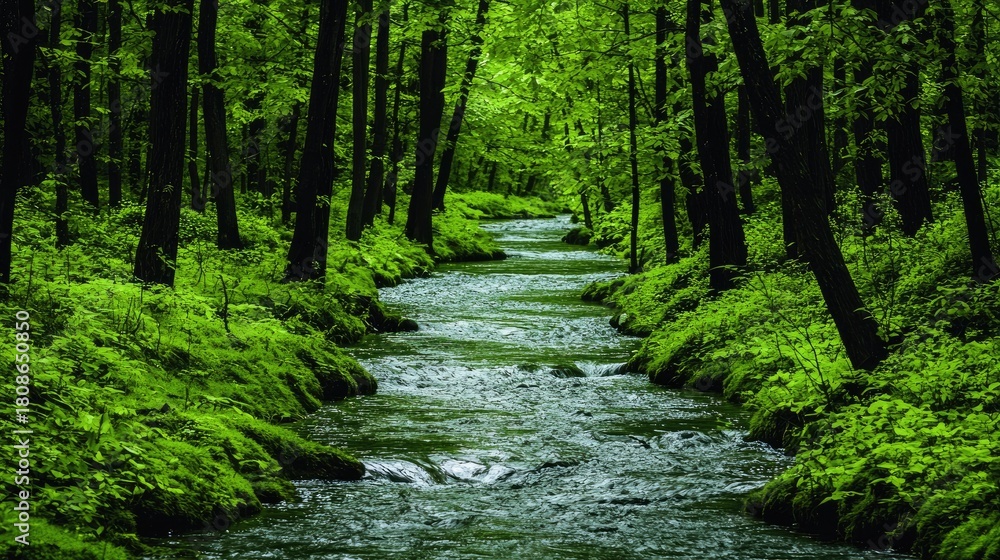 Obraz premium Lush green forest with a tranquil stream flowing through.