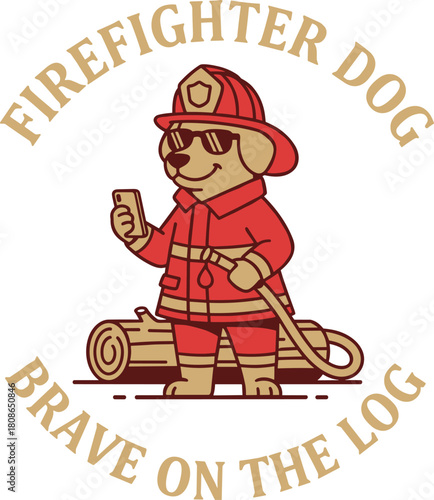Cute cartoon puppy in firefighter gear holding a phone. A funny animal mascot design with a fire hose for apparel or sticker printing