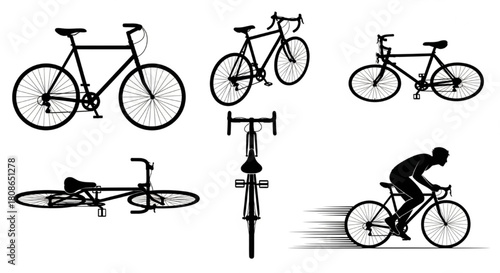 Bicycle Silhouette Vector Illustration Showing Multiple Perspectives and Dynamic Riding Poses in Simple Style

