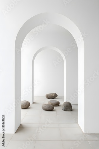 Minimalist interior with arches and stones creates a serene and modern aesthetic space