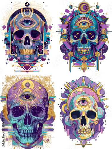 Mystical cosmic skull illustrations with third eye symbols, celestial patterns, and radiant colors. Spiritual fantasy artwork blending astrology, magic, and surreal visionary themes.