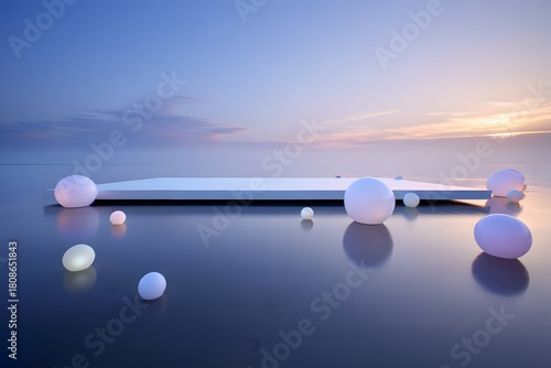 Minimalist platform with glowing spheres against a serene sky at dusk, soft light, calm 90