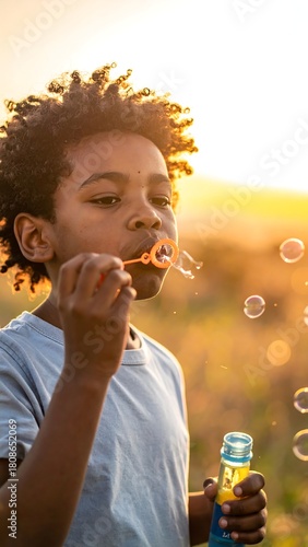 A young individual with curly hair blows bubbles in a golden-hued field during a sunny daytime setting
