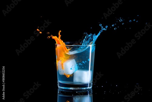 Orange and blue liquid splashing in a glass with ice cubes on a black background