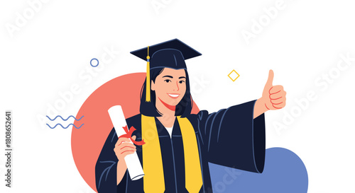 Celebrate graduation success with this smiling student holding her diploma and giving a thumbs up, a modern illustration of academic achievement