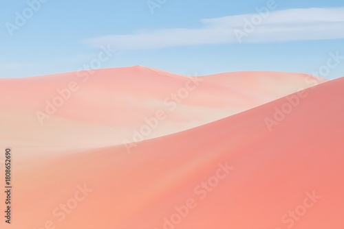 Pastel desert landscape with soft pink sand dunes under a serene blue sky horizon view