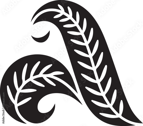 Stylized black fern fronds with koru elements