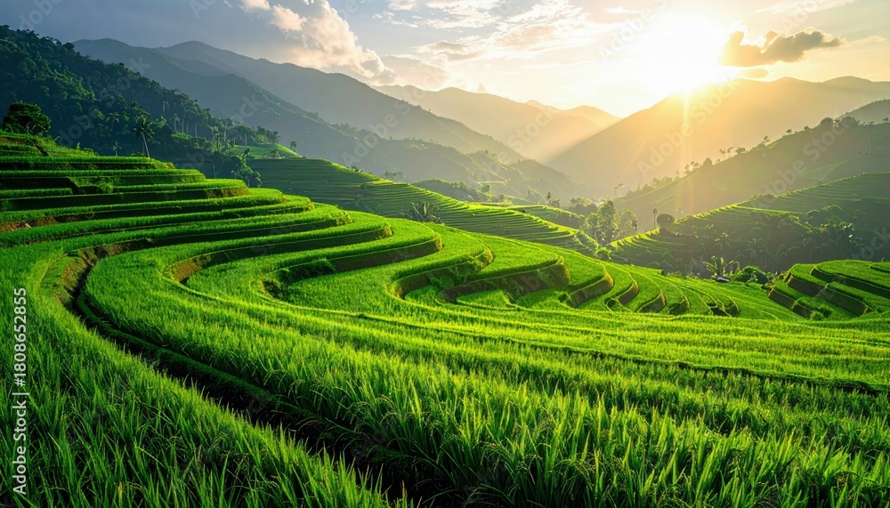 Fototapeta premium Expansive, vibrant green terraced rice paddies are carved into the slopes of rolling hills, illuminated by the golden light of sunrise or sunset.
