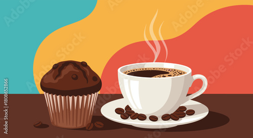 Delicious morning treat featuring a hot cup of coffee with a decadent chocolate muffin, perfect for a cozy breakfast or delightful break time