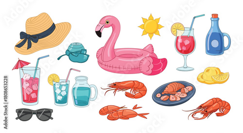 Get ready for summer fun with delicious shrimp, refreshing drinks, stylish sunglasses, and a flamingo floatie for pool parties and beach vacations