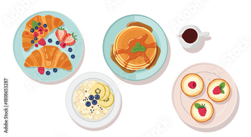 Indulge in a delightful breakfast spread featuring croissants, pancakes, oatmeal, and mini cheesecakes, perfect for a satisfying start to your day