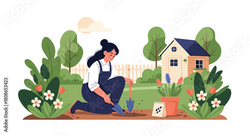 Enjoying spring planting season while gardening at home with flowers and sun, creating a vibrant and peaceful outdoor scene for growth and beauty