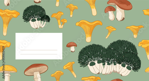 Delightful mushroom medley background pattern for recipe cards, kitchen decor, and nature-themed designs, perfect for adding a touch of whimsy
