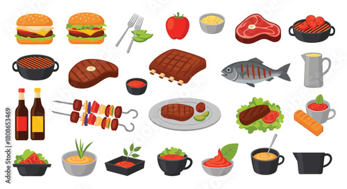 Delicious BBQ feast with juicy burgers, tasty ribs, grilled steak, and fresh fish, perfect for summer grilling and outdoor dining celebrations