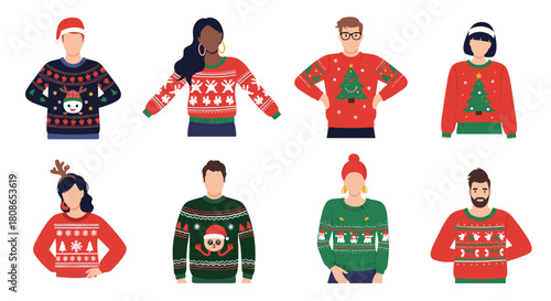 Get Ready for the Holidays with these Festive Ugly Christmas Sweaters featuring Diverse People, Perfect for Holiday Parties and Fun Family Gatherings