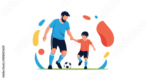 Celebrate Father's Day with heartwarming scene of dad playing soccer with son, creating beautiful family memories together, perfect for lifestyle campaigns