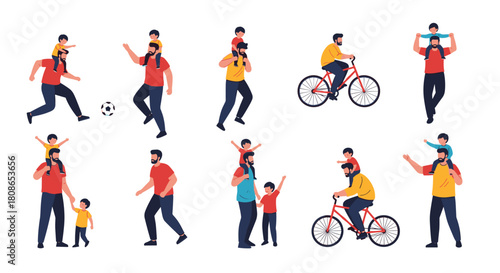 Heartwarming moments of fathers and sons playing soccer, riding bikes, and enjoying quality time together in vibrant, active lifestyle scenes