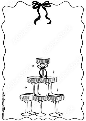 Hand drawn wedding ceremony illustrations. Italian style save the date posters and placards. Wine, champagne tower, coquette frame for party invitations, menus. Ink doodle sketch style.