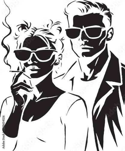 Cool Silhouette Couple: A striking black and white illustration depicts a stylish couple, exuding an air of cool confidence, with sunglasses, a cigarette, and unique hairstyles. 