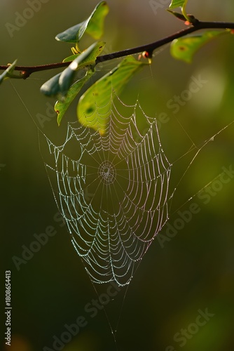 Spiderweb with dew drops hanging from a tree branch in a green blurred background