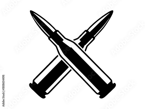 Vector Isolated Crossed Rifle Bullets Icon Ammunition Cartridge Silhouette. Rifle rounds vector emblem for military, hunting, shooting sports, tactical logo and firearm symbol. Colorless bw simple