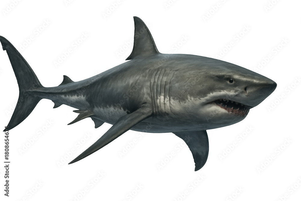 Obraz premium Great white shark swimming horizontally, showing sharp teeth. Dangerous marine predator cut out on transparent background