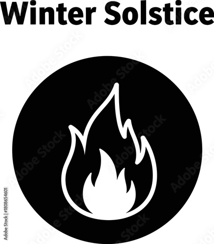 A minimalist illustration of a flame inside a black circle, symbolizing warmth and light of winter solstice