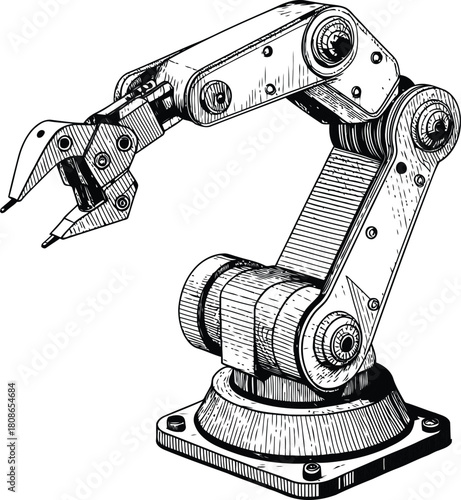 A robotic arm featuring multiple joints and a pincer grip on a white background