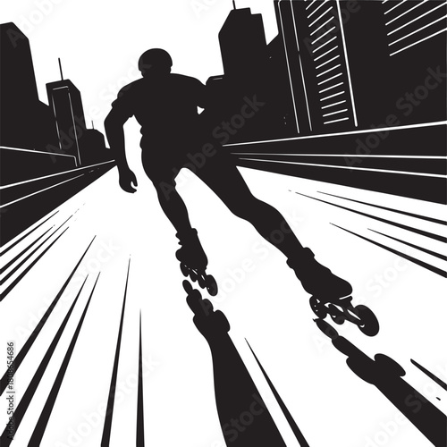 Silhouette of a rollerblading skater in a retro-futuristic city setting