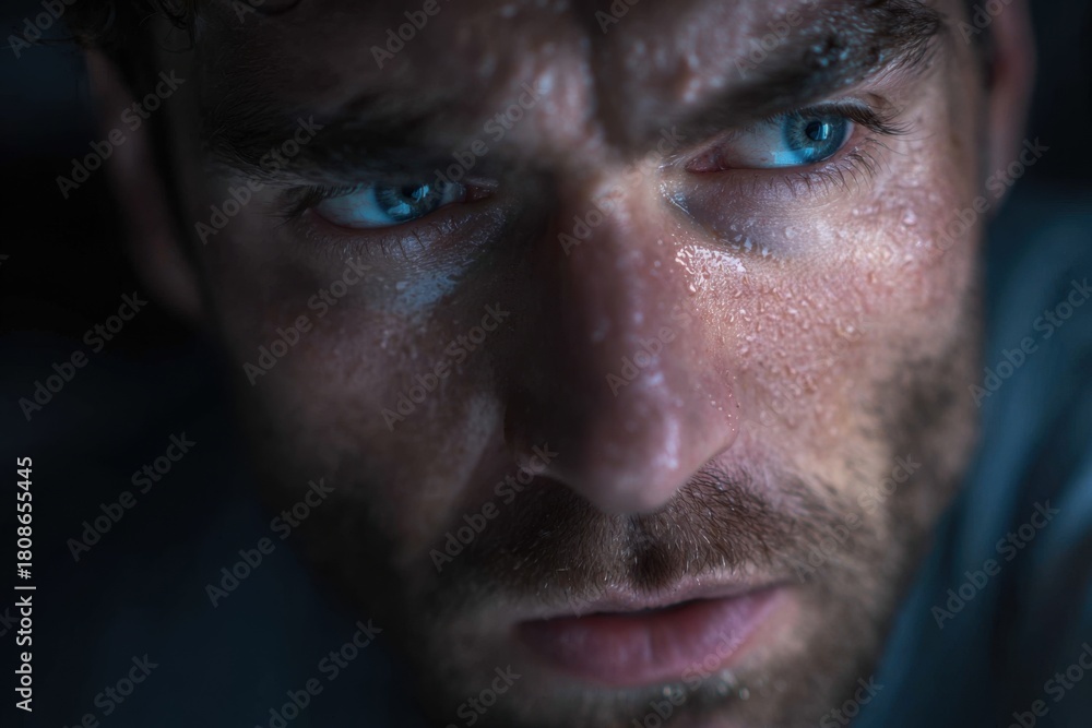 Fototapeta premium Man with intense fear in his eyes shows emotional struggle during a dramatic moment at night