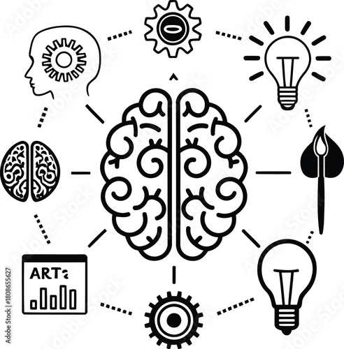Black and white illustration of brain with gears lightbulbs and art related icons around it design