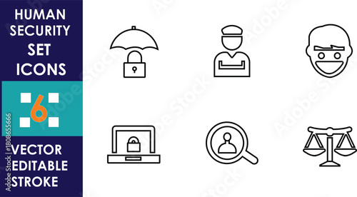 A minimal set of six human security icons featuring protection, police, masked criminal, cyber-security, user search, and justice symbols, designed in clean editable vector strokes