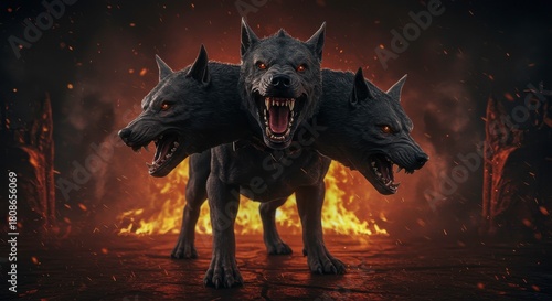 Cerberus, the mythical three-headed dog guarding the gates of the underworld