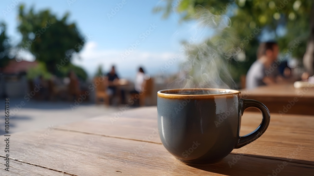 Naklejka premium Steaming coffee in a ceramic cup on a wooden table at a sunny outdoor cafe with blurred people and green foliage against a blue sky