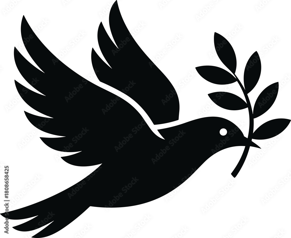 Fototapeta premium Dove Silhouette with Olive Branch Vector Symbol