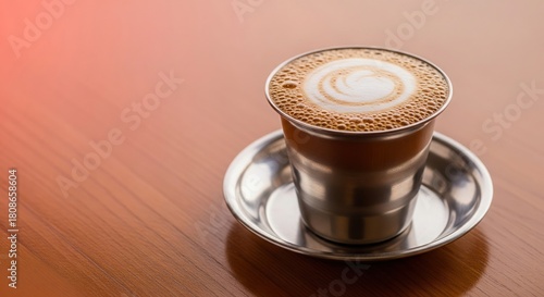 South Indian filter coffee. Steel tumbler davara beverage close-up.