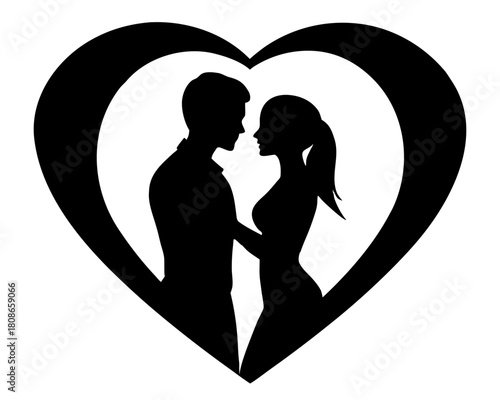 Silhouette of a couple embracing inside a heart shape in black and white romantic illustration design art on transparent background