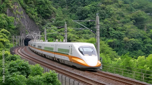 High speed train emerges from lush mountain tunnel, a modern travel experience, 4K