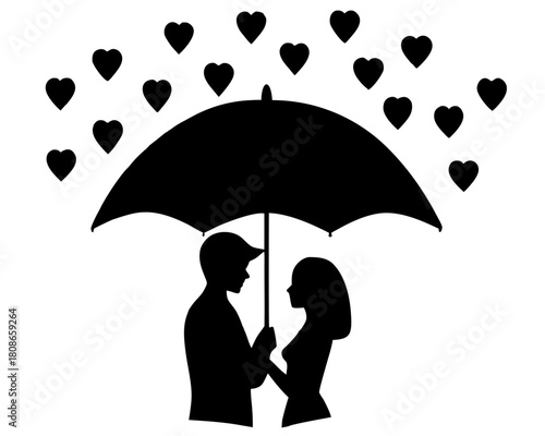 Silhouette of couple under umbrella with heart shaped raindrops falling all around them image vector art on transparent background