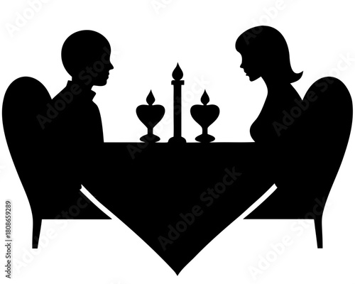Silhouette of a couple at a table with candles in a romantic dinner setting, facing each other elegantly on transparent background