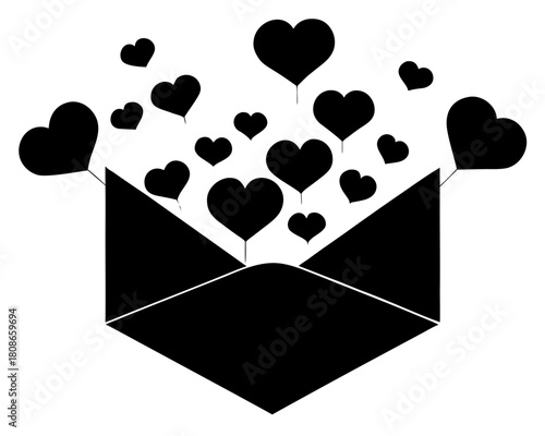 Black silhouette of an open envelope with hearts floating out of it on a white background design vector on transparent background