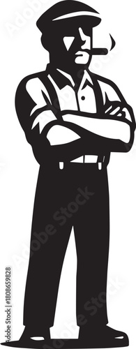 Worker's Silhouette with a Cigar: A strong and stoic worker stands with crossed arms, a cigar in his mouth, in a bold silhouette, embodying the spirit of labor and resilience.