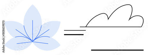 Simplistic flower design with six petals paired with abstract cloud and linear elements. Ideal for growth, nature, balance, creativity, harmony, elegance, wellness. Simple flat metaphor
