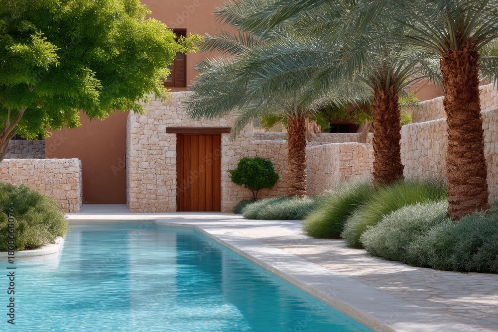 Fototapeta premium Tranquil poolside oasis surrounded by lush greenery and elegant